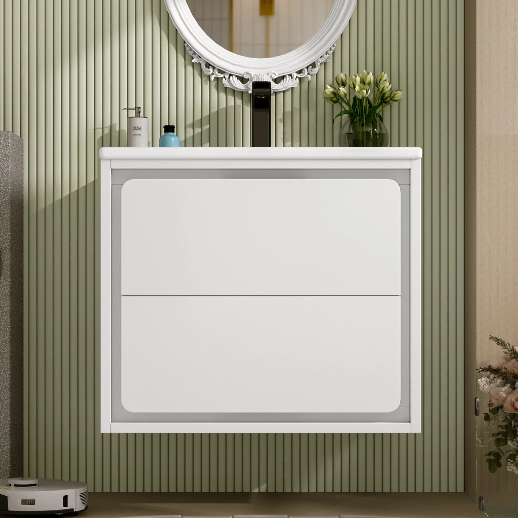 Mobile bagno sospeso 60 cm con lavabo integrato e sensore LED; 2 cassetti; in MDF e ceramica; bianco