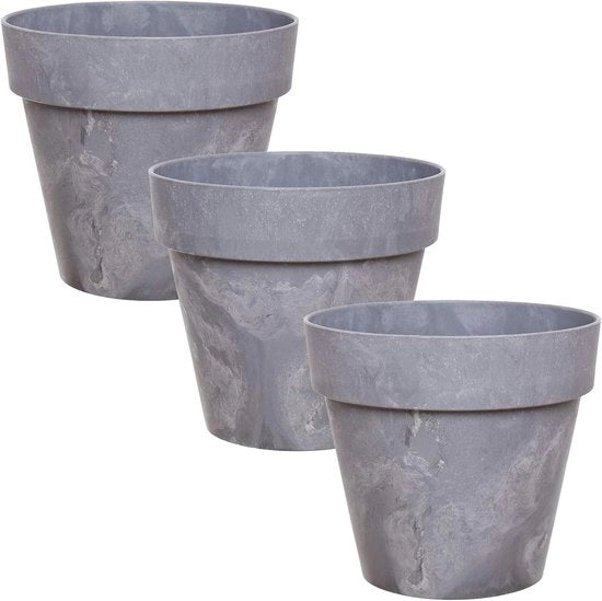Vasi di plastica a forma di fiori - aspetto di cemento - 3 pezzi - grigio scuro - 14 cm