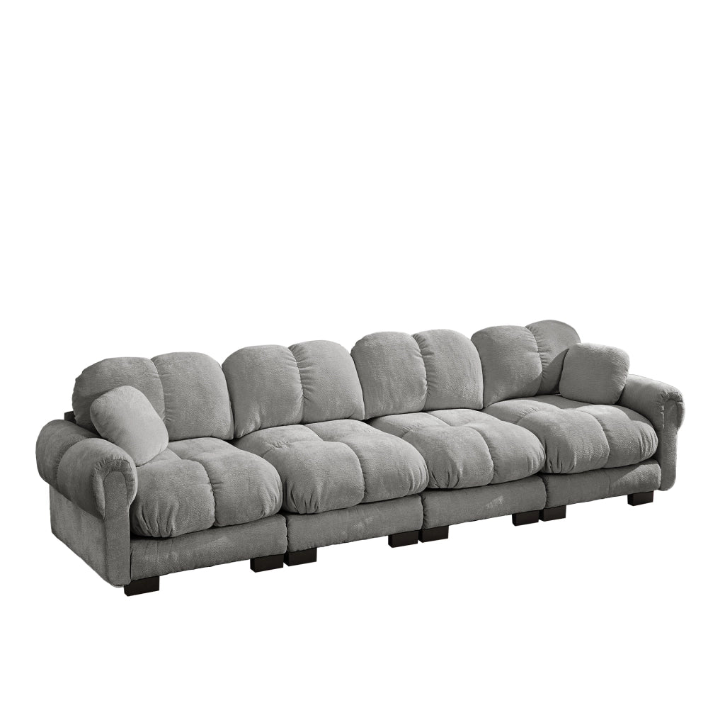 Divano modulare 330x86x90 cm in ciniglia grigio chiaro, cuscini spessi