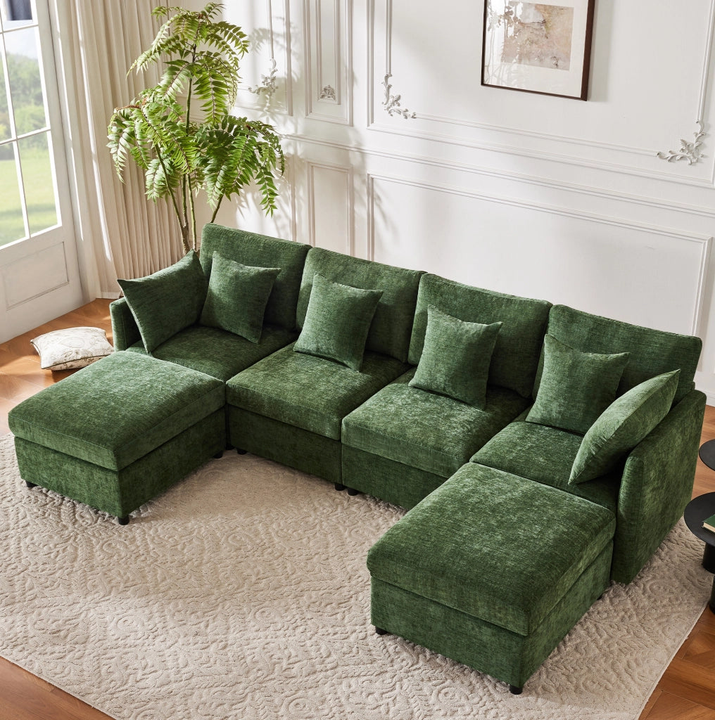 Divano modulare 4-6 posti in chenille verde con 2 pouf e 6 cuscini; 278x161x81 cm