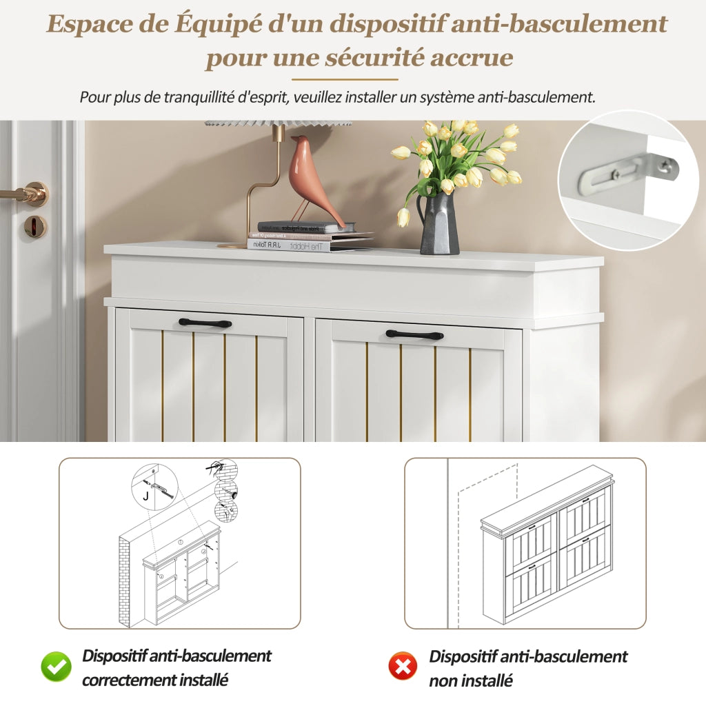 Scarpiera per ingresso con 4 ante a ribalta e 8 ripiani regolabili in MDF bianco 105 × 24 × 83 cm