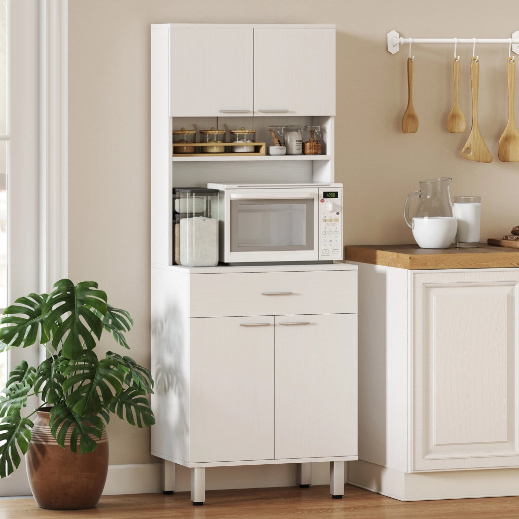 Credenza Alta da Cucina, Madia Classica Bianca in Legno con 2 Armadietti e 1 Mensola, Bianco, 60x40x160cm