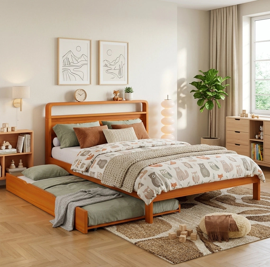 Letto matrimoniale 140x200 cm con letto estraibile 90x190 cm in legno naturale HOMVRA