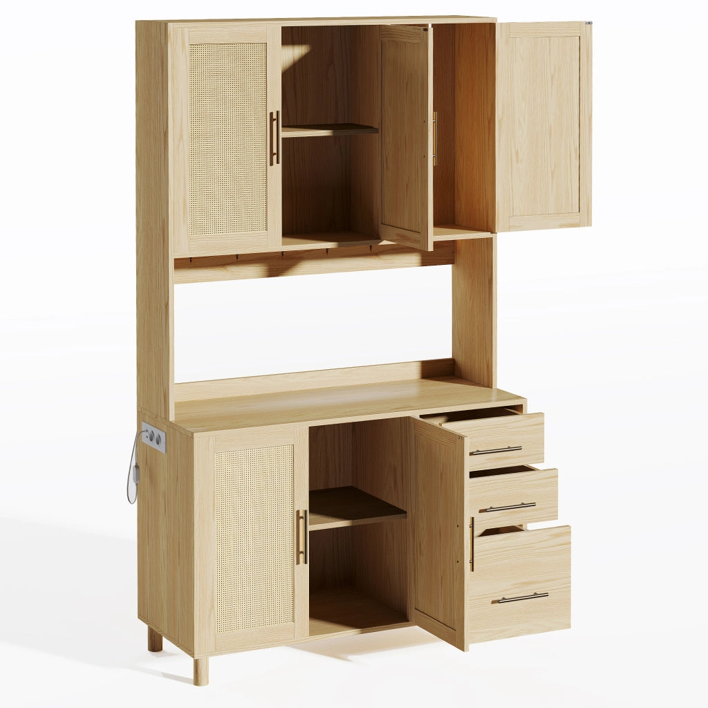 Credenza da cucina alta LED con 3 cassetti, 3 ante, ripiani regolabili, prese e USB per cucina, MDF naturale, 183 cm