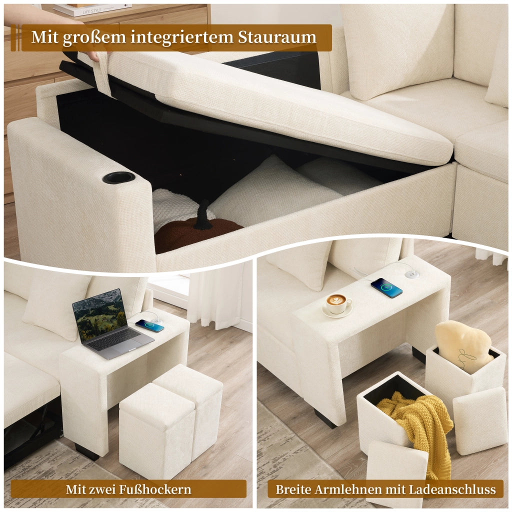 Divano letto angolare modulare a 5 posti in ciniglia beige con chaise longue reversibile vano contenitore e porte USB