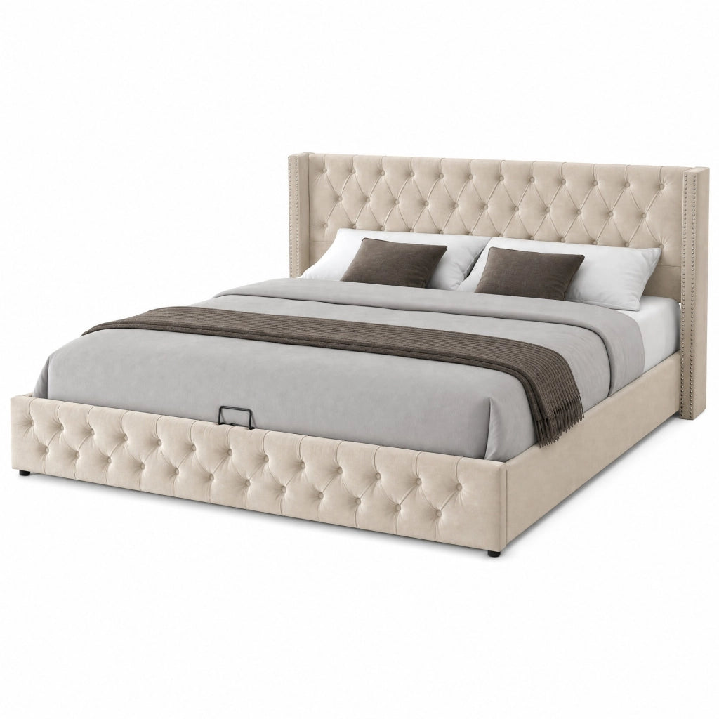 Letto matrimoniale imbottito 180 ¡Á 200 cm contenitore in velluto beige con testiera alta e rete a doghe