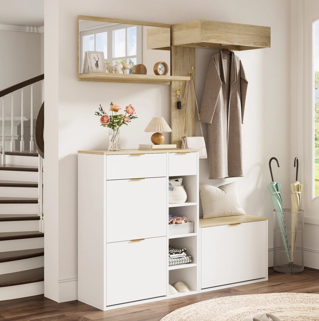 Set guardaroba da ingresso 4 pezzi con scarpiera; panca e specchio; 130 ¡Á 30 ¡Á 174 cm; bianco/naturale