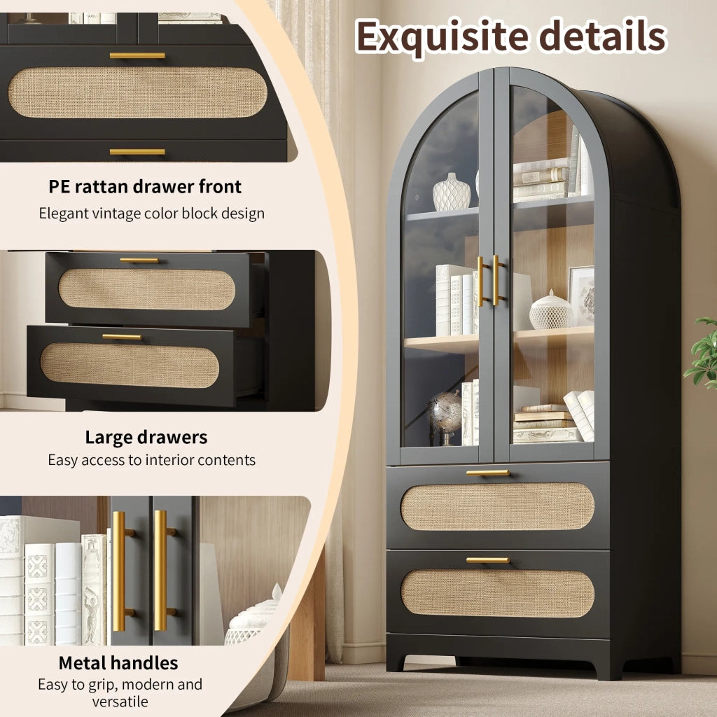 Vetrina Retro Nera 175x80x40 cm con 2 Ante Arco Montmartre, Libreria con 2 Cassetti e Ripiani Regolabili