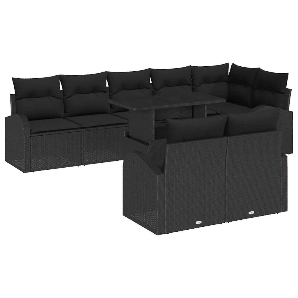 Set Divano da Giardino con cuscino 9 pcs Nero Poly Rattan