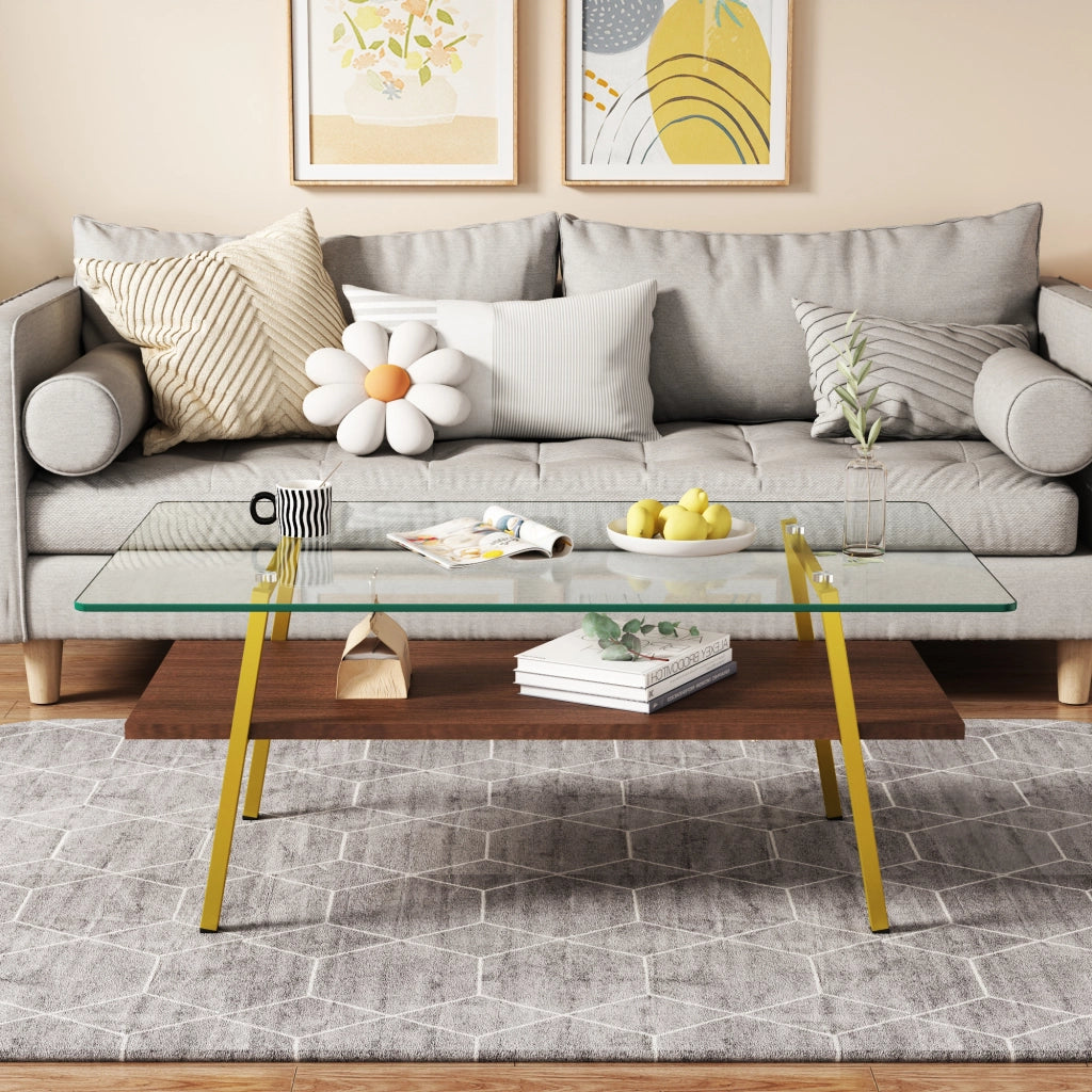 Tavolino basso fisso in vetro temperato con base in MDF e gambe in metallo oro rosa cipria 98 × 58 × 42.5 cm