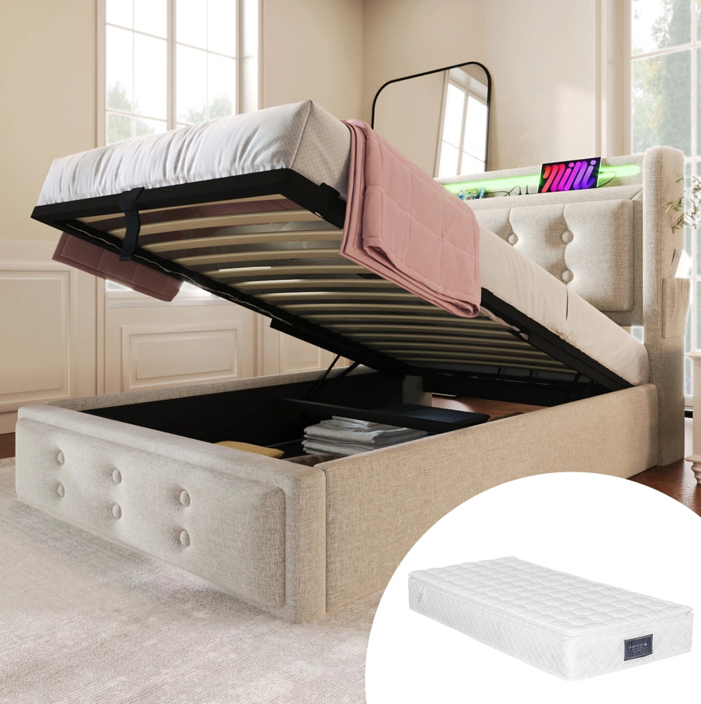 Letto singolo 90x200 cm con contenitore; LED e USB-C; in cotone e lino; beige