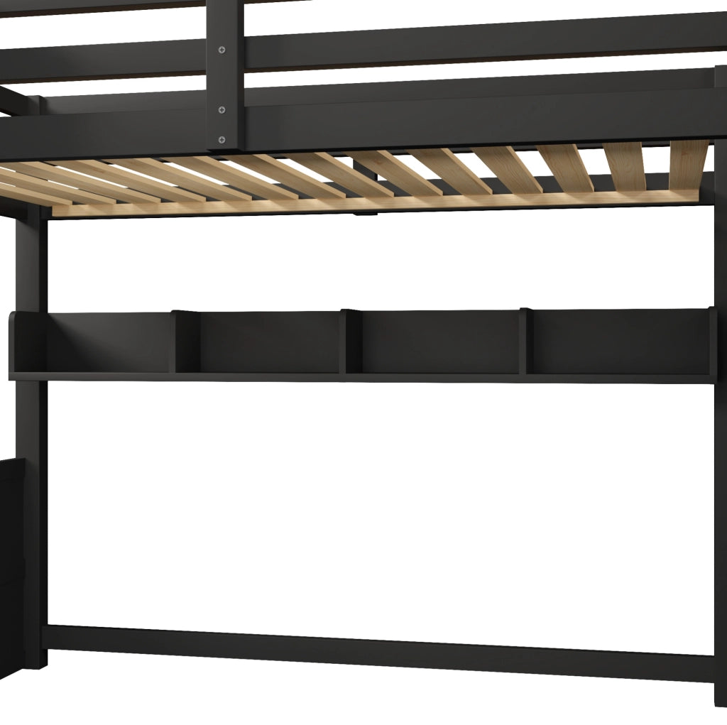 LETTO A SOPPALCO 90x200 cm Nero con Scala Contenitore e LED