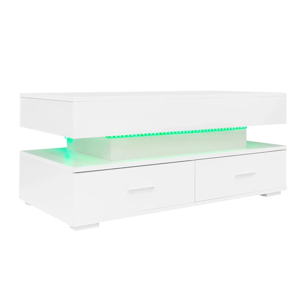Tavolino da caffè bianco 100x50x44 cm con alzata idraulica, LED integrato, Bluetooth, 2 cassetti e vano aperto