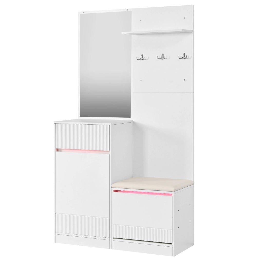 Guardaroba da ingresso bianco con scarpiera, specchio e LED