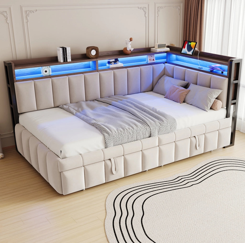 Divano letto ULEVR 90x200 cm con letto estraibile, LED, USB e Type-C, vani portaoggetti, velluto beige