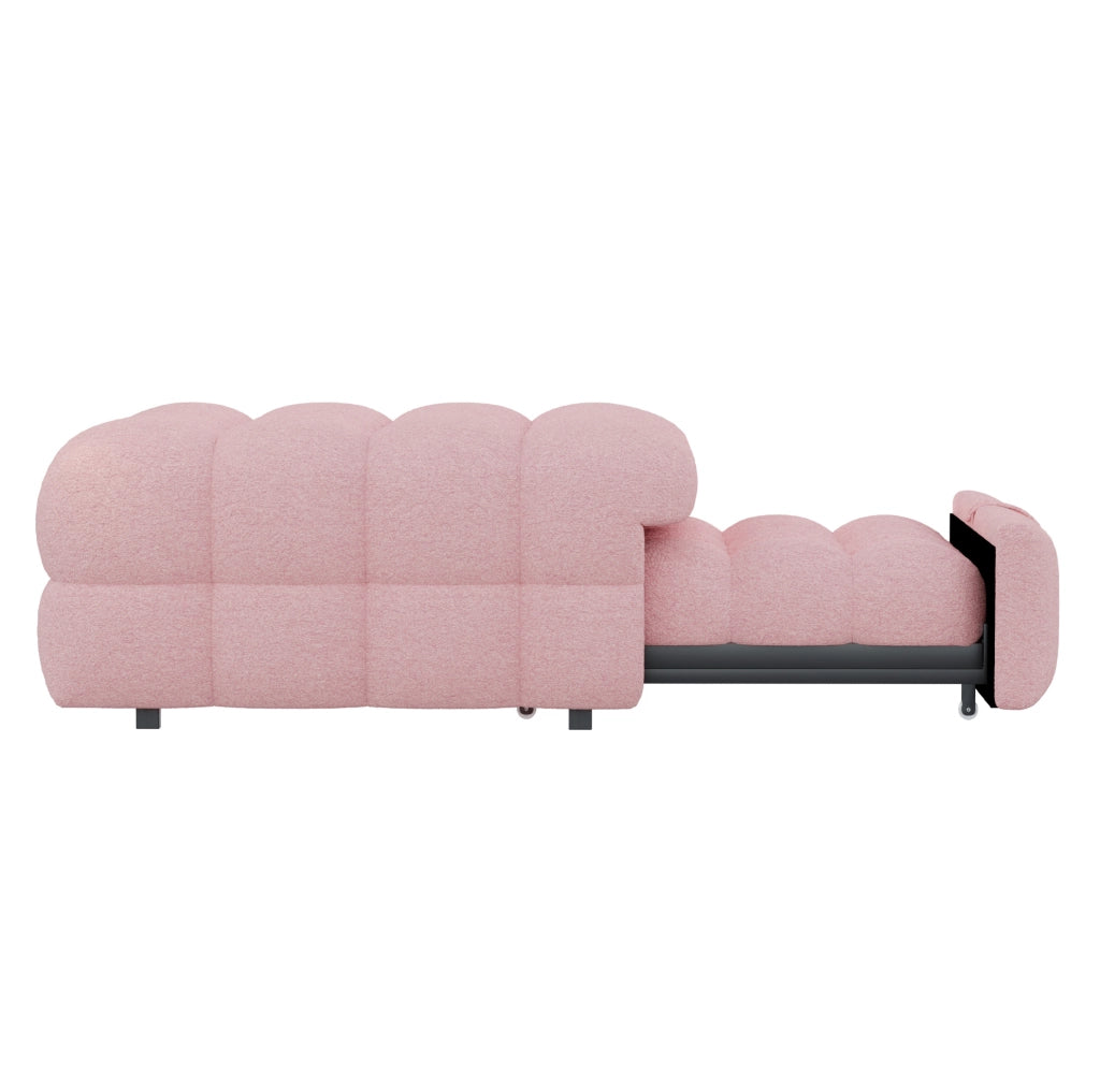 Letto imbottito 2-in-1 con pouf estraibile e divano letto singolo in tessuto bouclé rosa