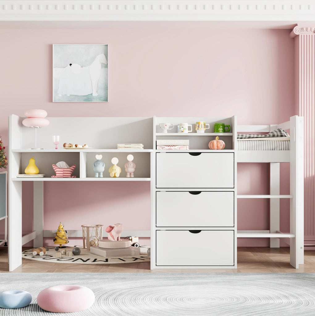 Letto a soppalco per bambini 90x200 cm in pino bianco con contenitori
