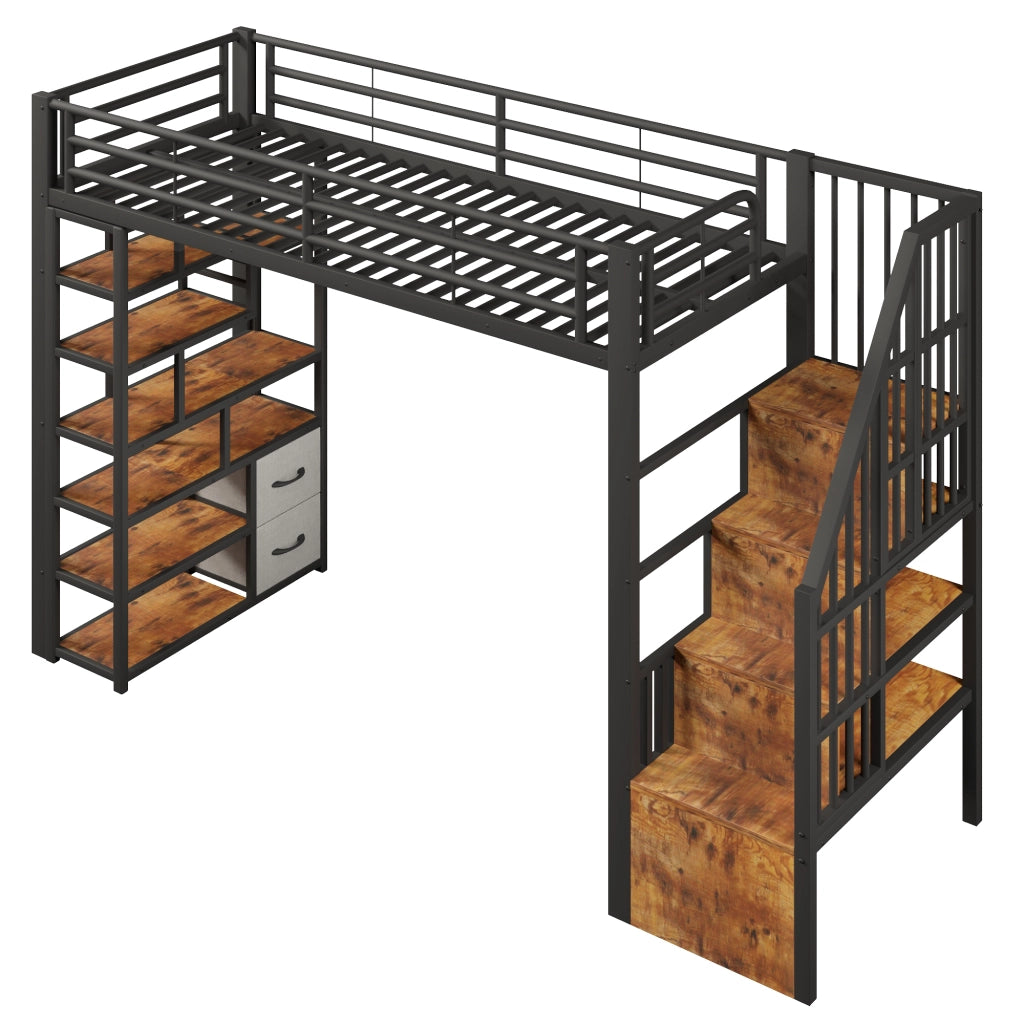 Letto a soppalco 90x200 cm nero con scala; sponde di sicurezza e struttura in metallo e MDF