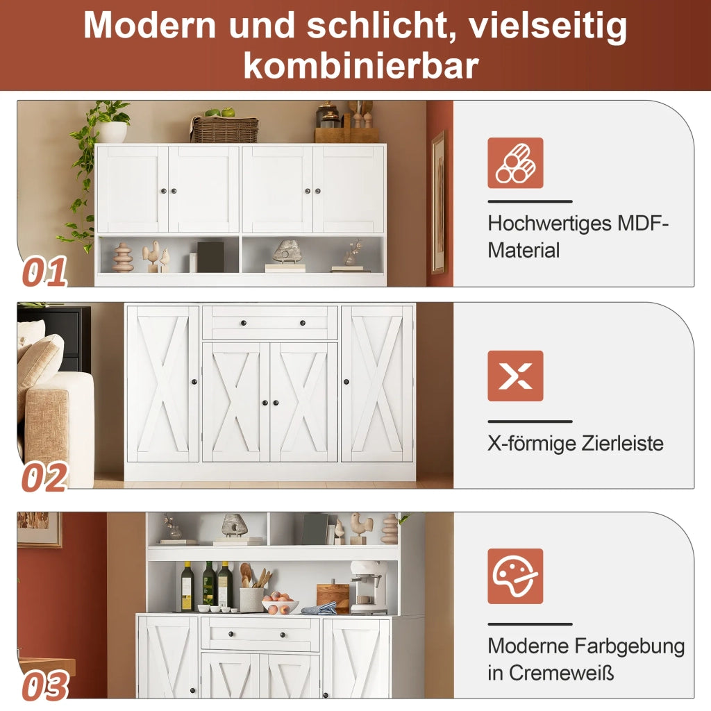 Credenza da cucina stile country, cremobianco, 140x40x185 cm, con piano di lavoro e presa elettrica. Grande armadio con cassetto, ripiani regolabili e vani porta