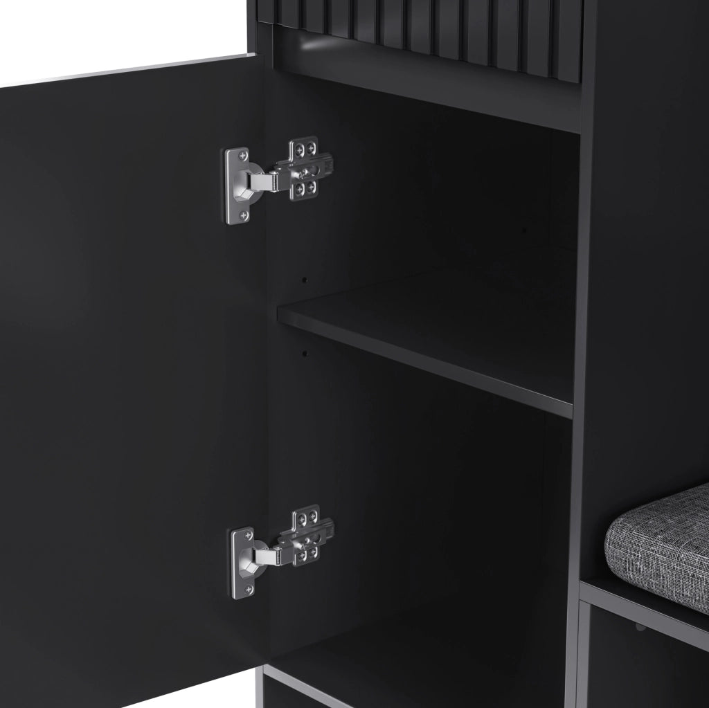 Set guardaroba con panca imbottita, 4 ganci, ante e cassetti, MDF nero, 100×180×35 cm