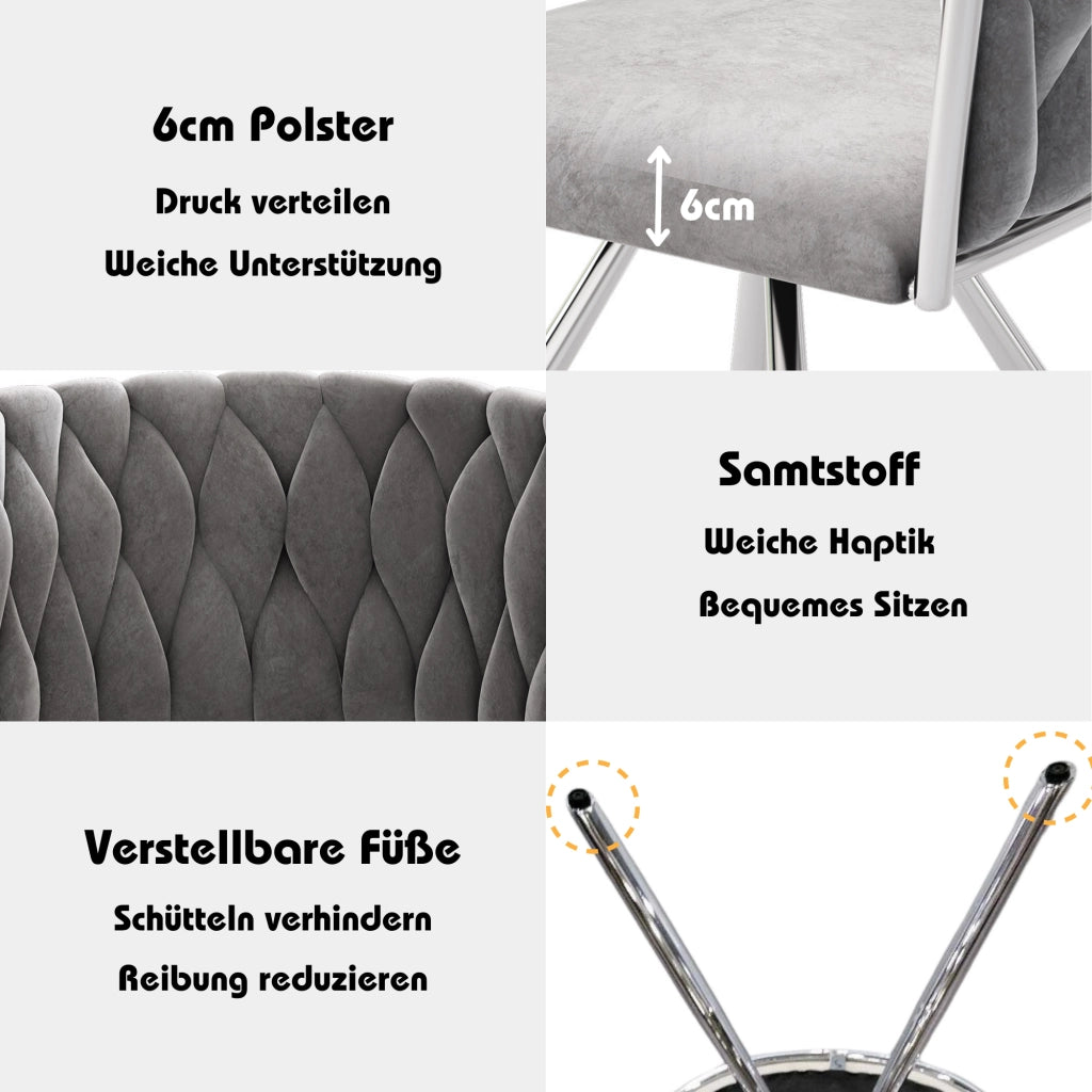 SEDIA girevole in velluto grigio e argento, set da 4 pezzi