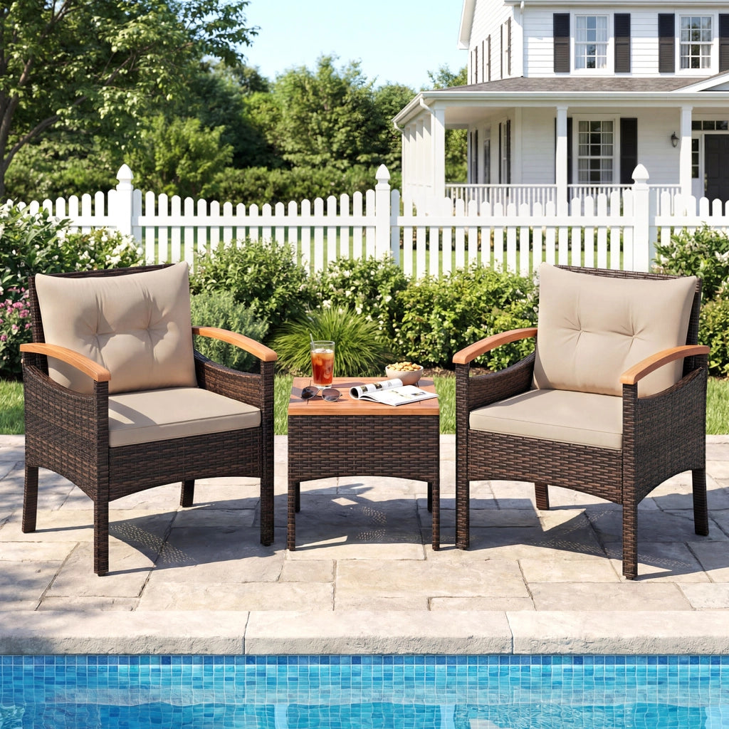 Set di divani in rattan per esterni con tavolino, Set di mobili da patio 3 pezzi per cortile Beige
