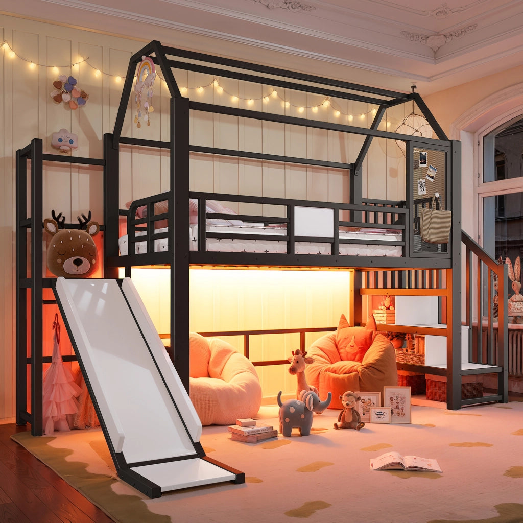 Letto a soppalco 90 × 200 cm a casetta con scivolo scala con ripiani LED Bluetooth MDF e metallo nero EN 747