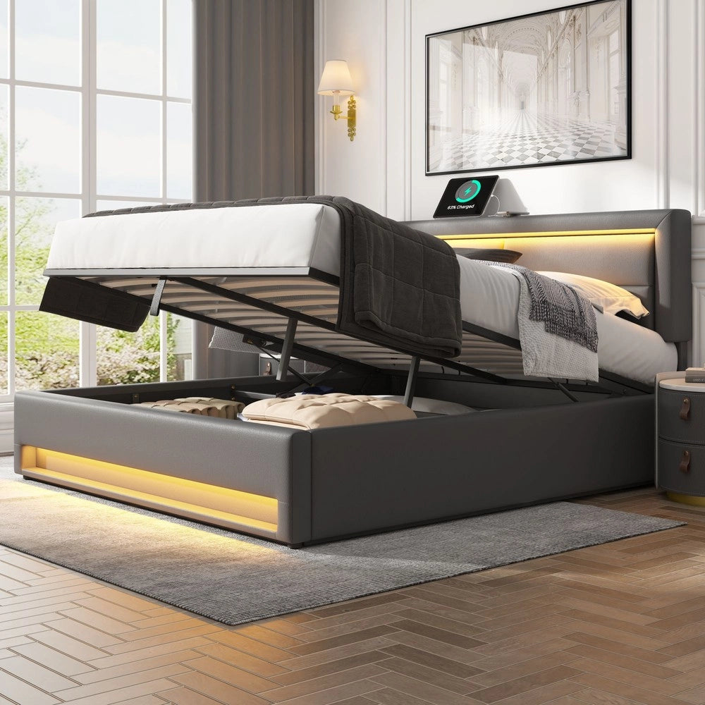 Letto Imbottito Contenitore con LED e USB ¨C MINIMAL ¨C Grigio 140x200