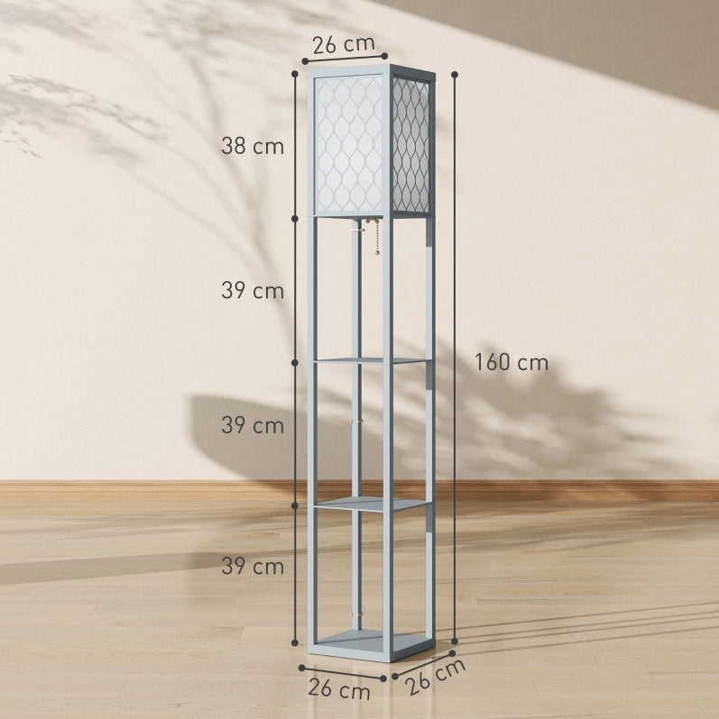 Lampada da terra con 3 ripiani, MDF grigio chiaro, dimensioni compatte 26x26x160 cm