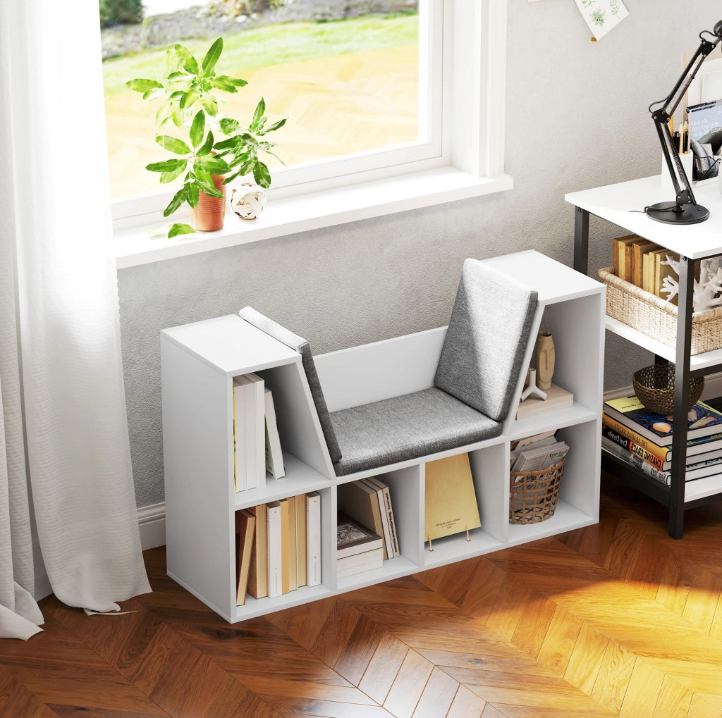 Libreria 105x30x63 cm in truciolare bianco con cuscino salvaspazio