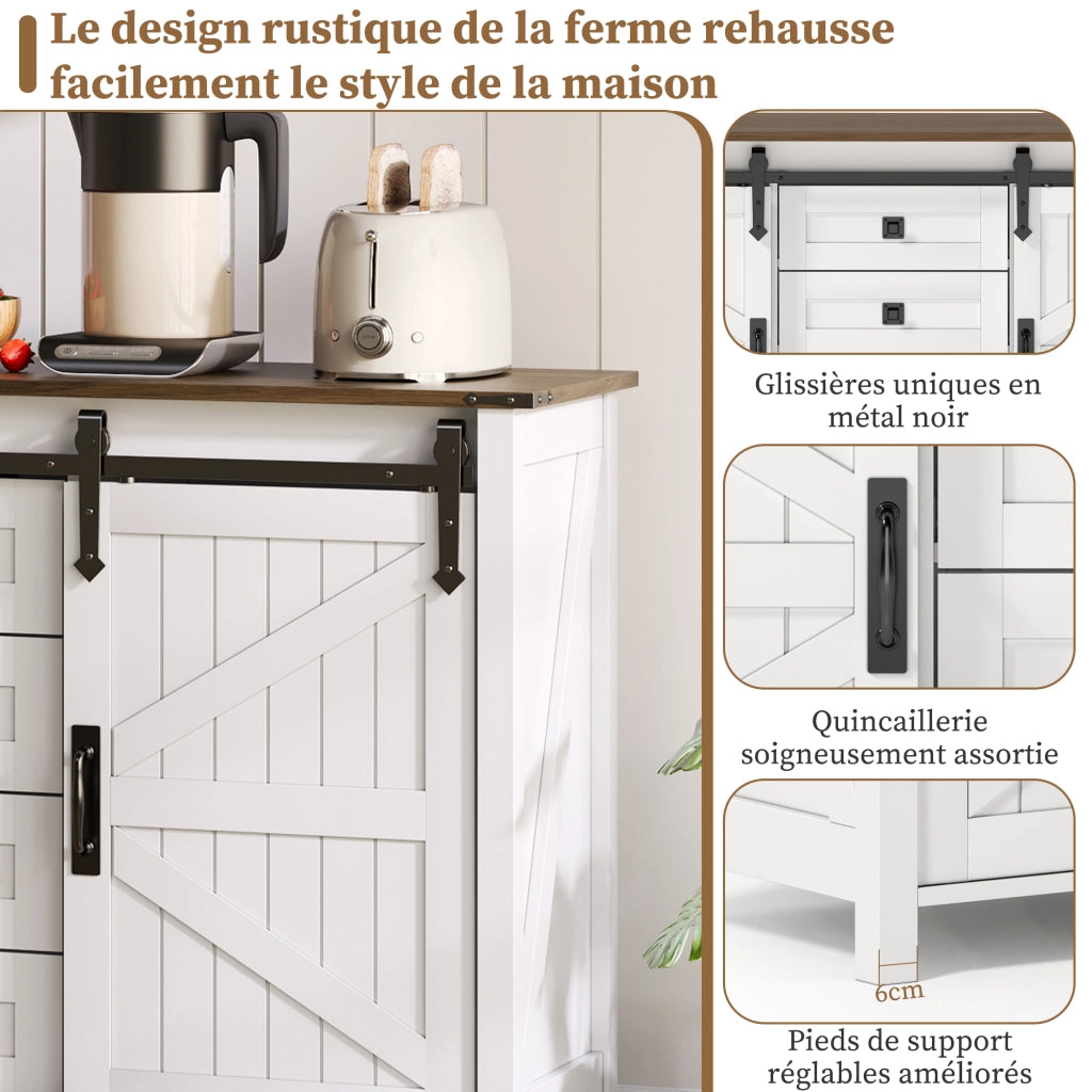 Credenza con 2 ante scorrevoli e 4 cassetti; mobile contenitore in MDF per cucina; sala da pranzo e soggiorno; bianco; 137 × 40 × 81.5 cm