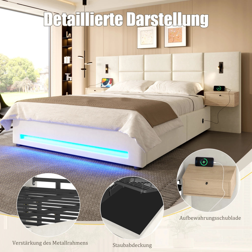 Letto contenitore 160 × 200 cm con testiera imbottita in velluto beige LED USB-C e vano idraulico