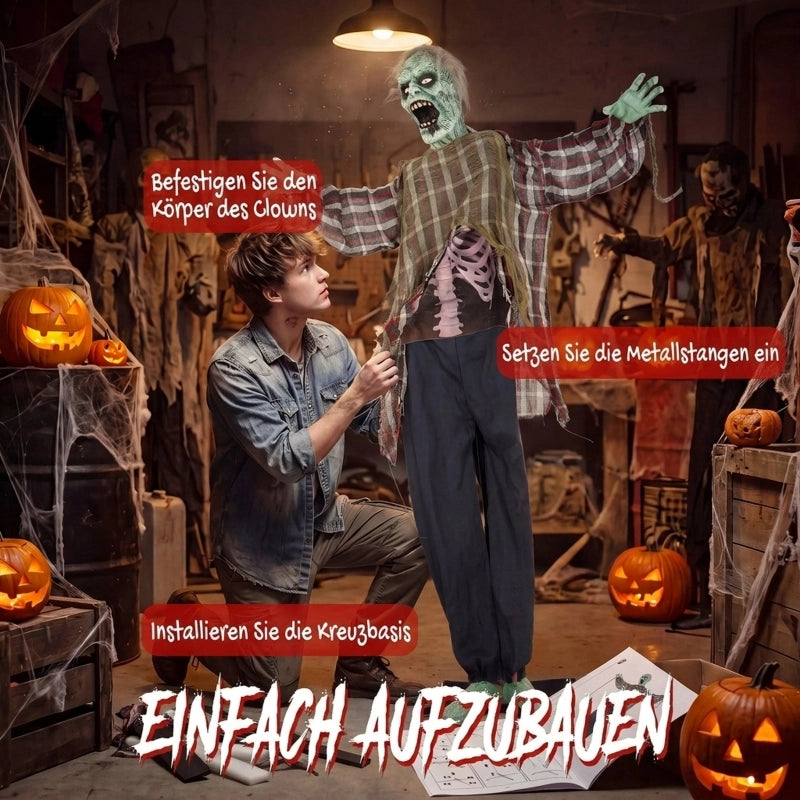 Zombie animato di Halloween alto 170 cm con occhi LED rossi suoni e attivazione tramite suono tatto o vibrazioni a batteria