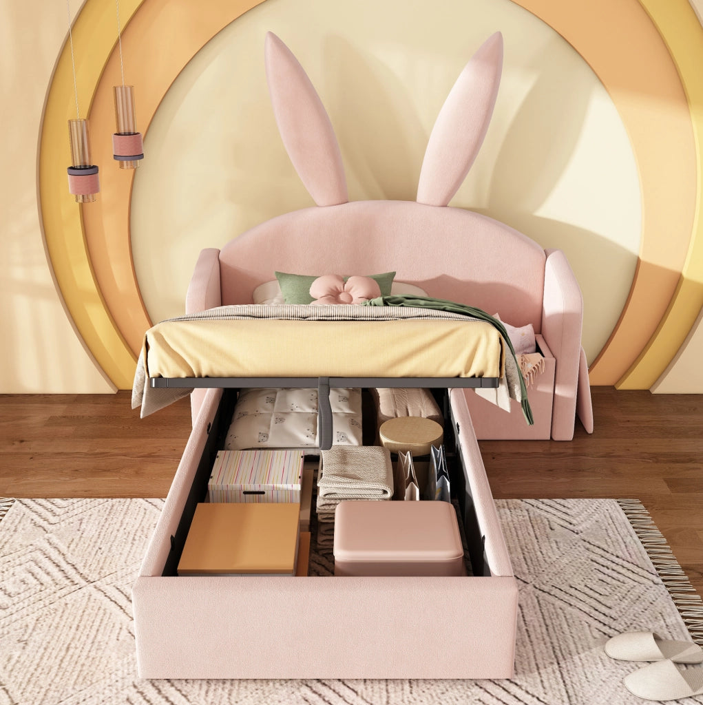 Letto singolo per bambini 90x200 cm con contenitore e comodino reversibile in velluto rosa HOMVRA