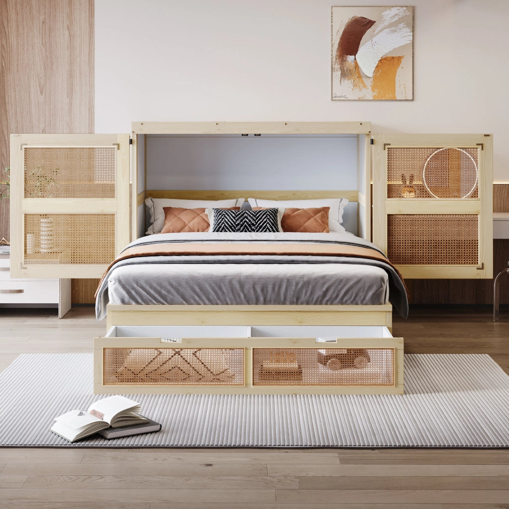 Letto a scomparsa 140x200 cm con rete a doghe, design in rattan e struttura in legno, con cassetti contenitori