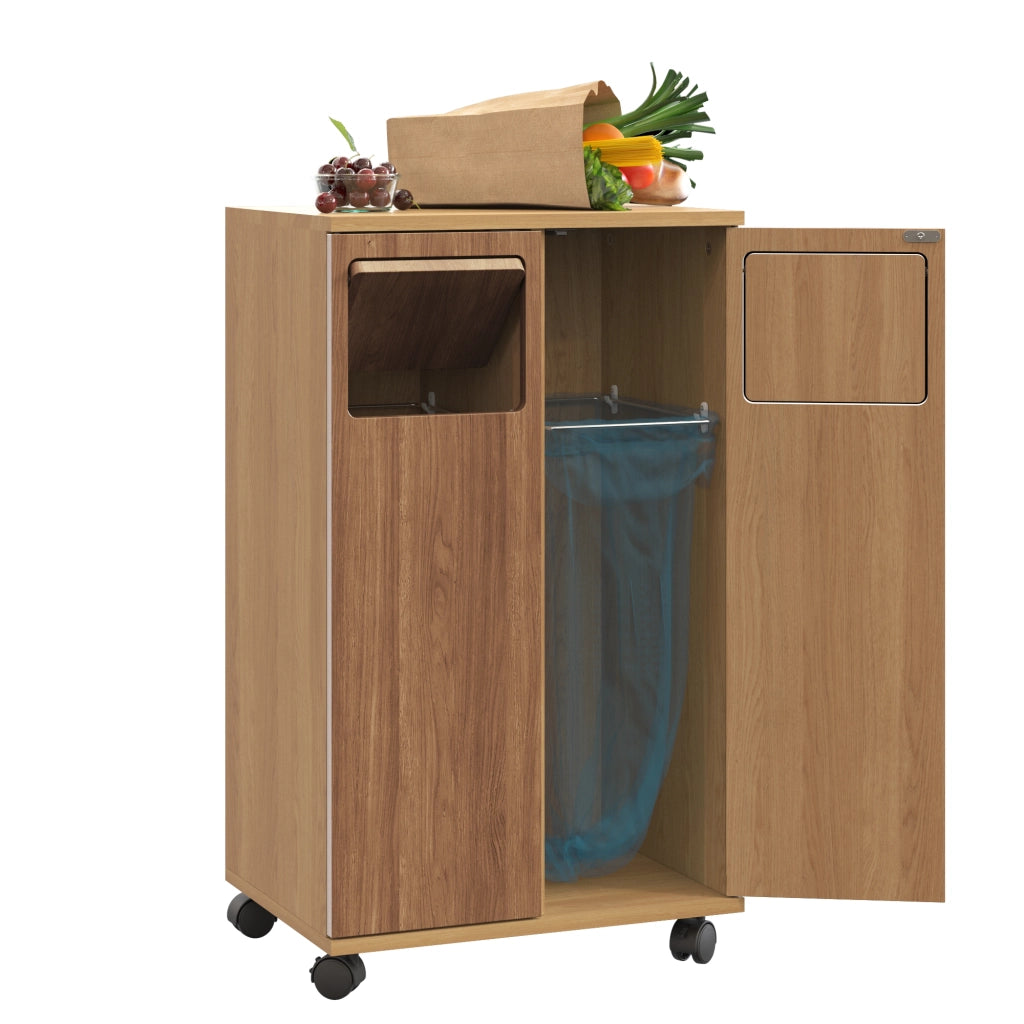 Mobile contenitore per rifiuti con 2 ante e ruote - per cucina - in MDF - Naturale