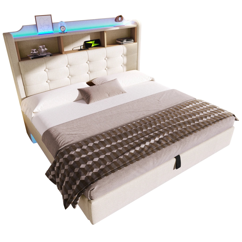Letto matrimoniale 140 × 200 cm 2 posti con contenitore idraulico; LED; USB e porta tipo C; senza materasso; beige