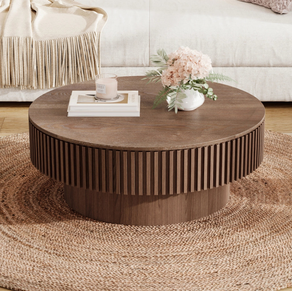 Tavolino rotondo 75 cm con contenitore, MDF e impiallacciatura in noce, moderno