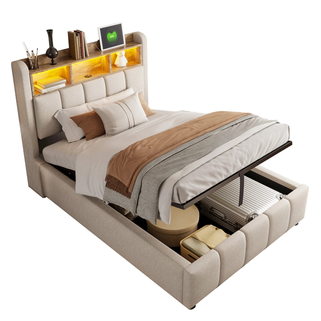 LETTO imbottito 90x200 cm con LED, USB e vano contenitore Beige