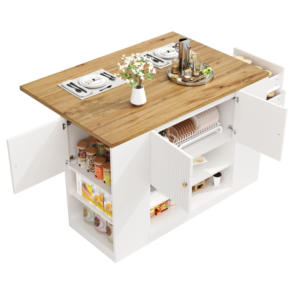 Isola cucina pieghevole bianca in MDF e metallo con ripiani e cassetti