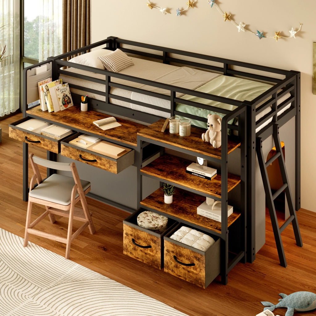 Letto a soppalco 90x200 cm con scrivania; scaffali e cassetti; in metallo nero