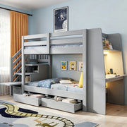 Letto a castello 90x200 cm in legno grigio con scrivania; libreria; LED e cassetti