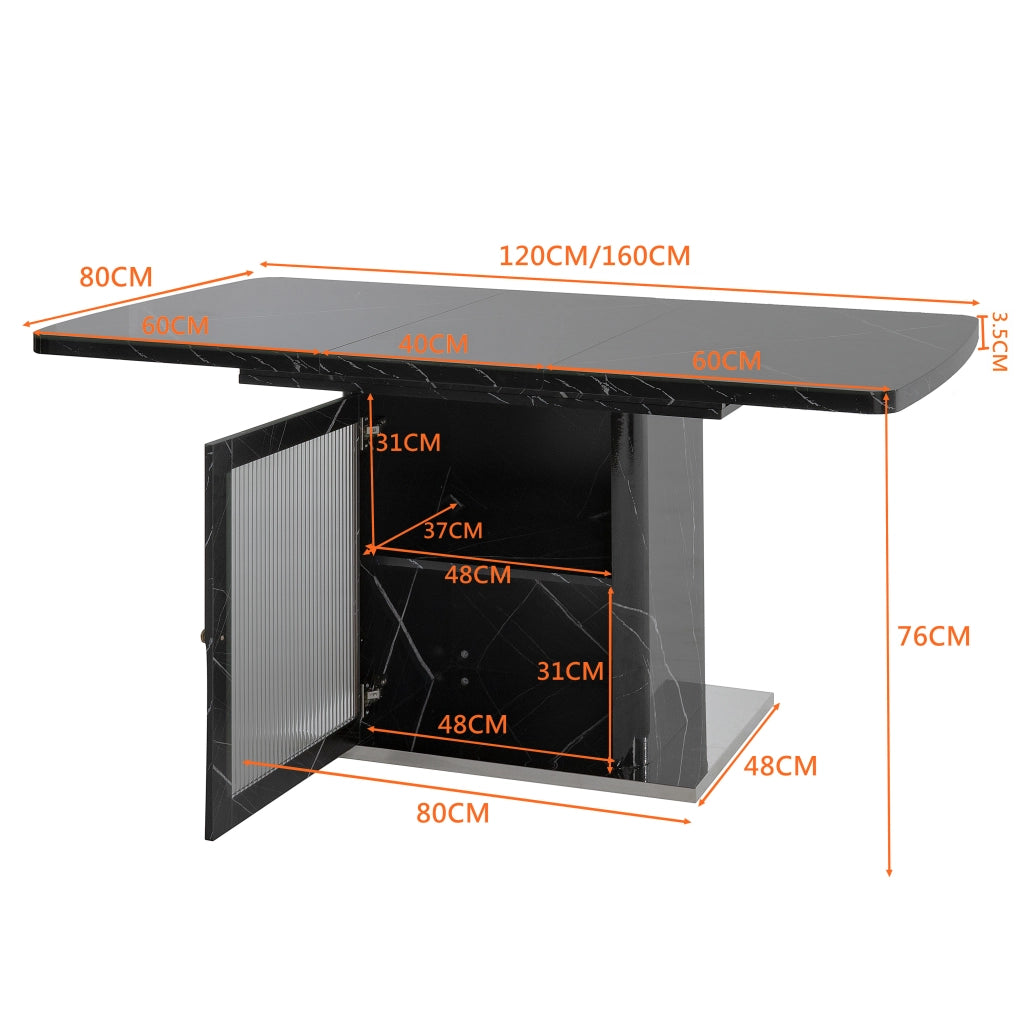 Tavolo da pranzo rettangolare allungabile 120-160x80 cm con mobile contenitore, nero marmo