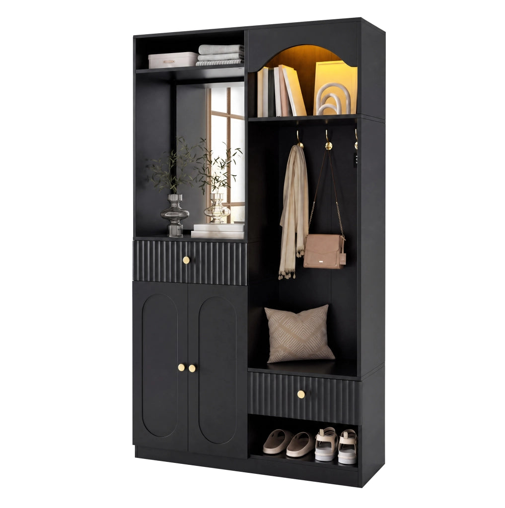 Mobile ingresso multifunzione 100x35x180 cm con specchio; panca e LED nero HOMVRA