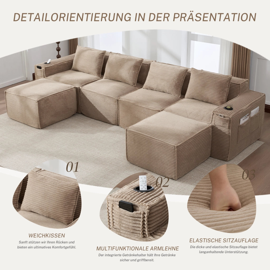 Divano modulare a 4 posti in velluto a coste kaki con 2 pouf portabevande e tasche laterali 330 × 162 × 75 cm