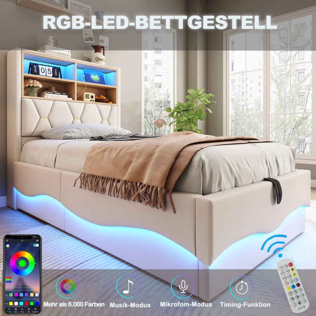 Letto contenitore 90 × 200 cm con LED controllabile tramite app USB struttura in metallo imbottita beige