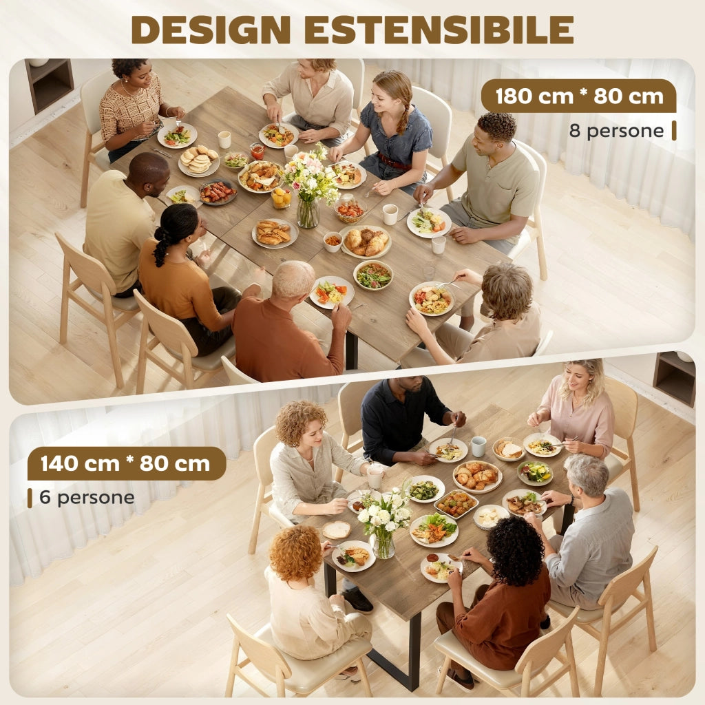 Tavolo da Pranzo Industriale per 6-8 Persone con Ribalta Rotonda, in Legno e Acciaio, 180x80x75 cm