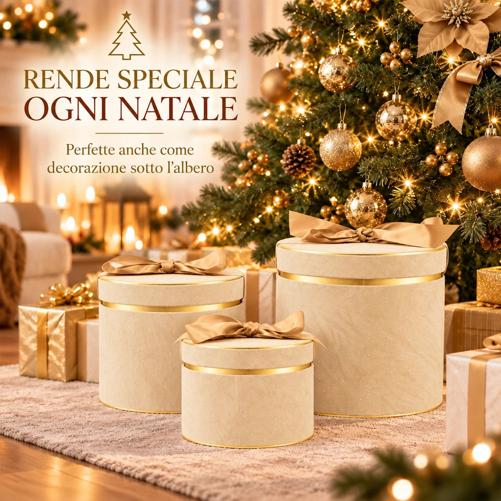 Set 3 Scatole Tonde Decorazione Natalizia Champagne 16/20/25cm Scatola con Fiocco