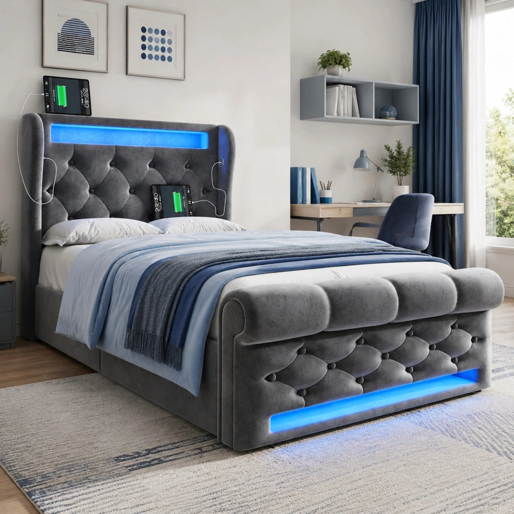 Letto singolo con contenitore 90 × 200 cm idraulico in velluto grigio con LED e porte USB e Type-C