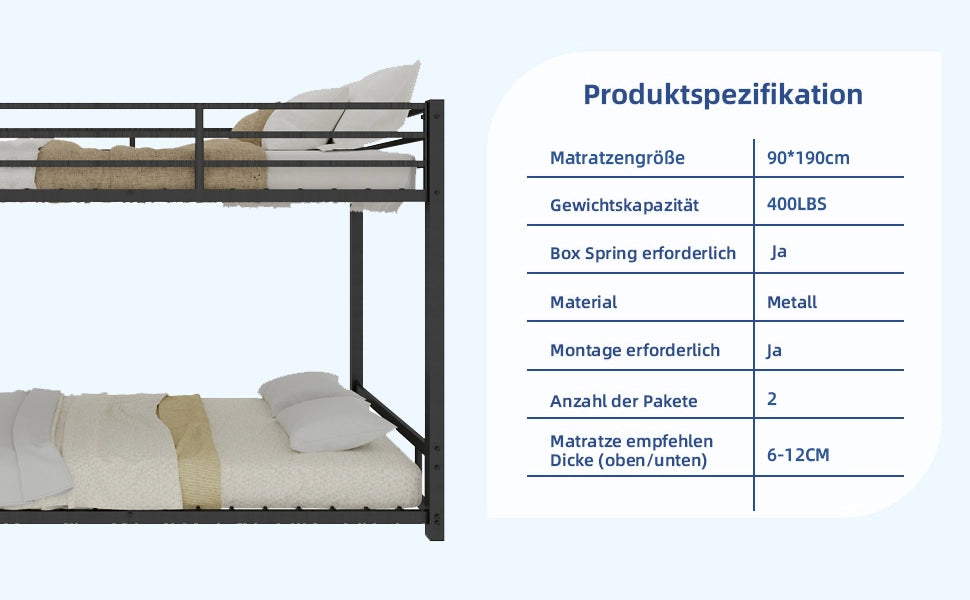 Letto a castello 2 posti 90 x 190 cm, struttura in metallo nero, scala 3 gradini e ringhiera, 200 kg per letto